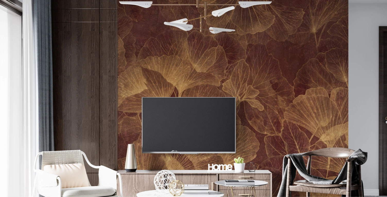 Elegant tv room area with floral mural wallpaper